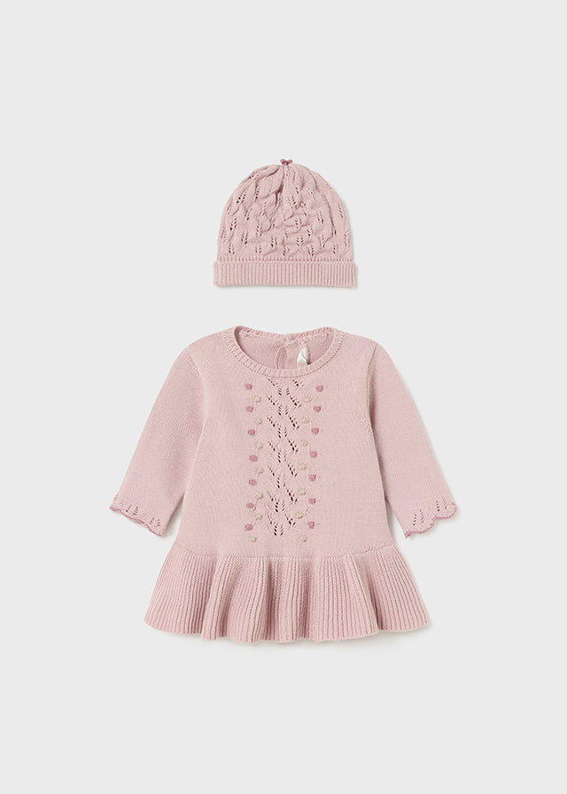 Sugar Pink Newborn Girl Knit Dress with Hat