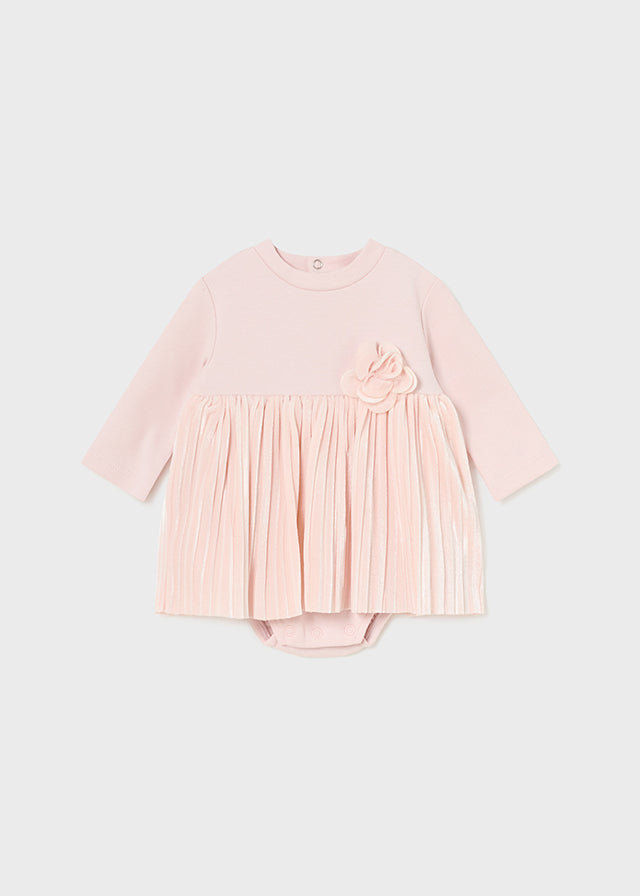 Newborn Girl Pleated Romper Dress in Blush