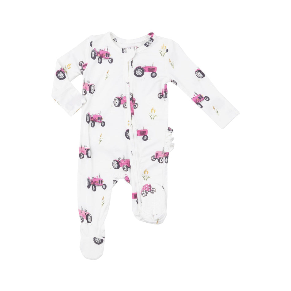 Pink Tractors 2 Way Ruffle Zipper Footie