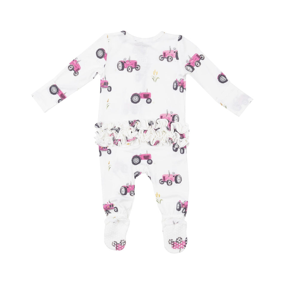 Pink Tractors 2 Way Ruffle Zipper Footie