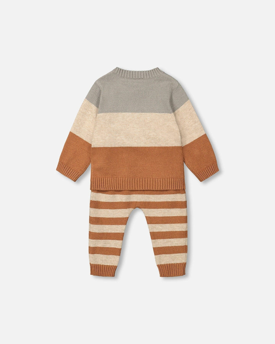Fox Knitted Sweater & Striped Pant Set - Oatmeal