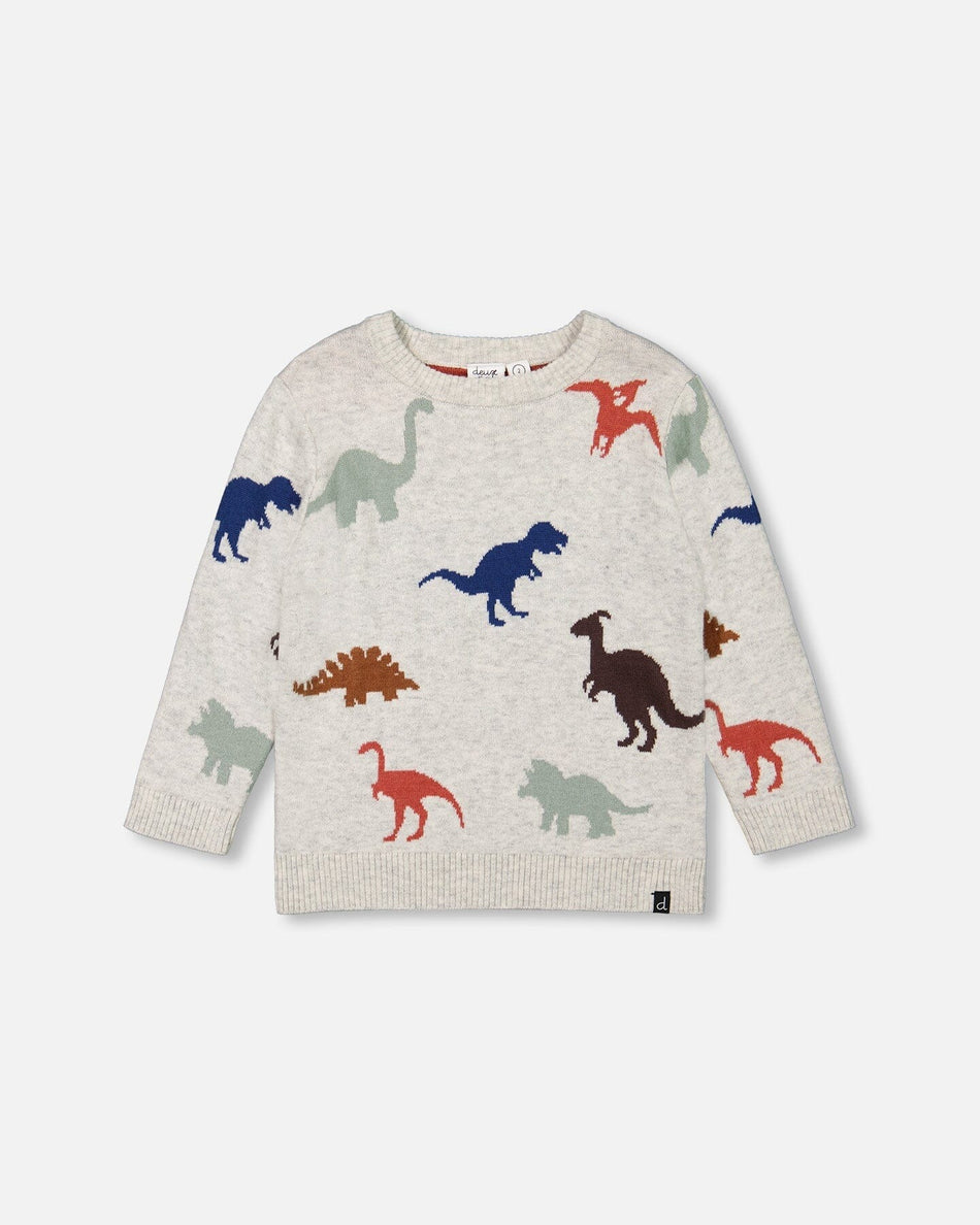 Intarsia Sweater Oatmeal Mix With Dinosaurs