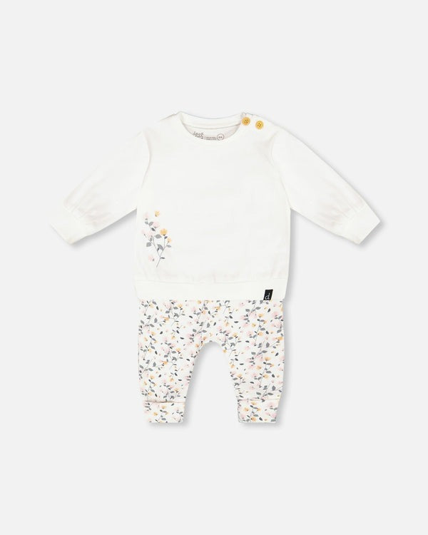 Organic Cotton Top And Printed Pants Set Cream With Flowers