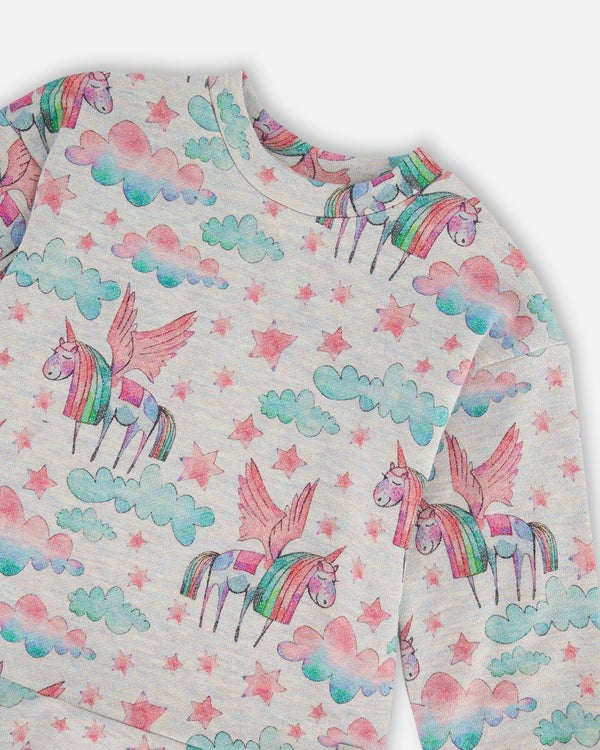 Printed Shiny French Terry Dress Gray Mix Printed Unicorn