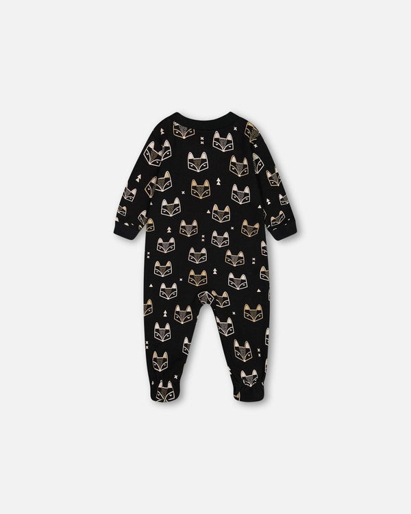 Organic Cotton One Piece Pajama Black Printed Fox