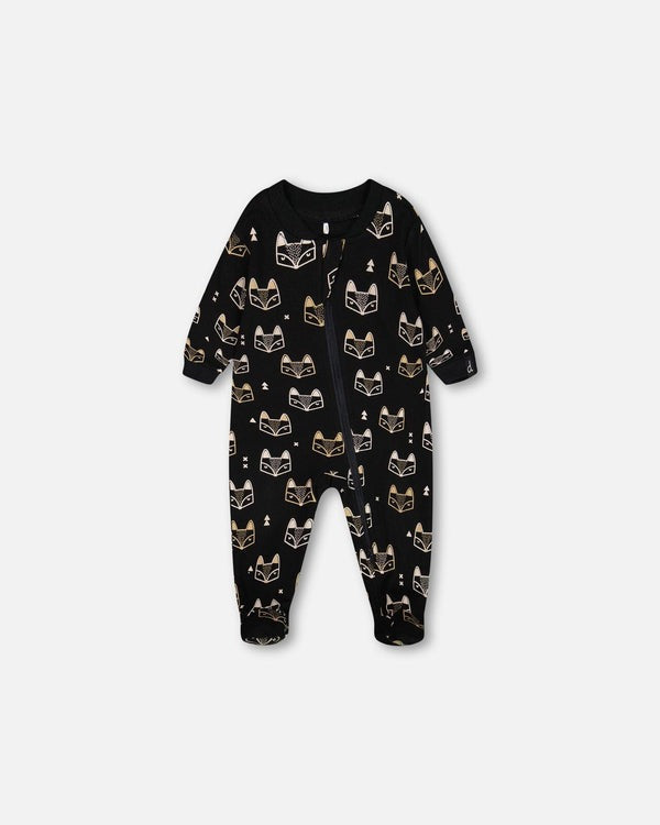 Organic Cotton One Piece Pajama Black Printed Fox