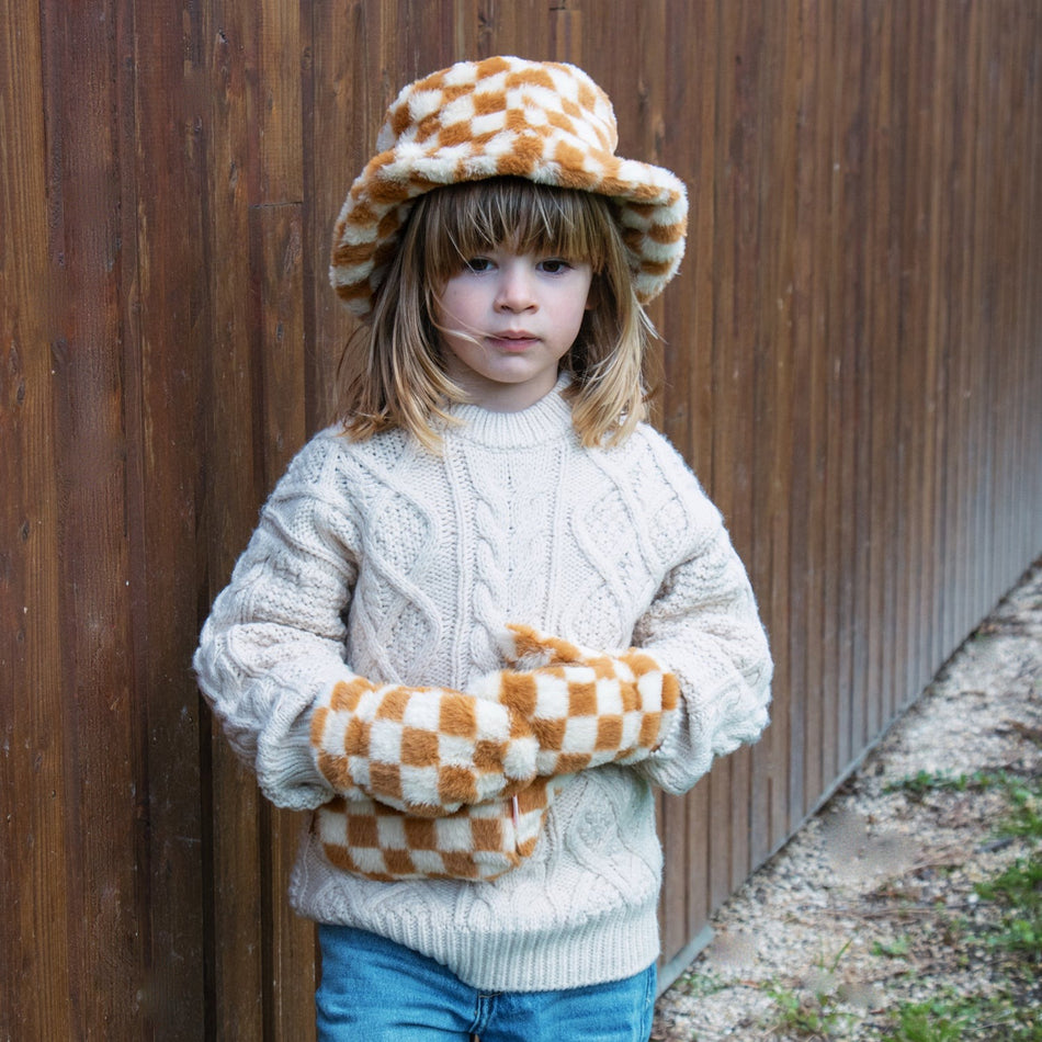 Toffee Check Furry Bucket Hat