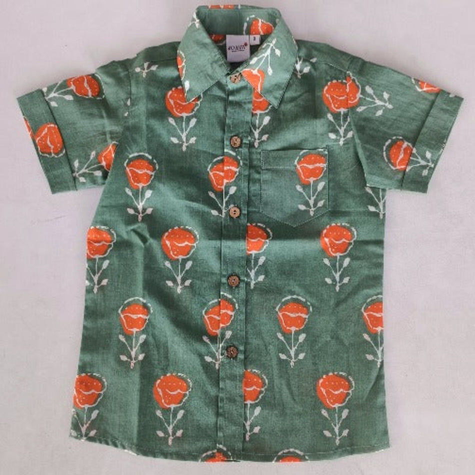 Orange Floral Green Shirt & Shorts Set