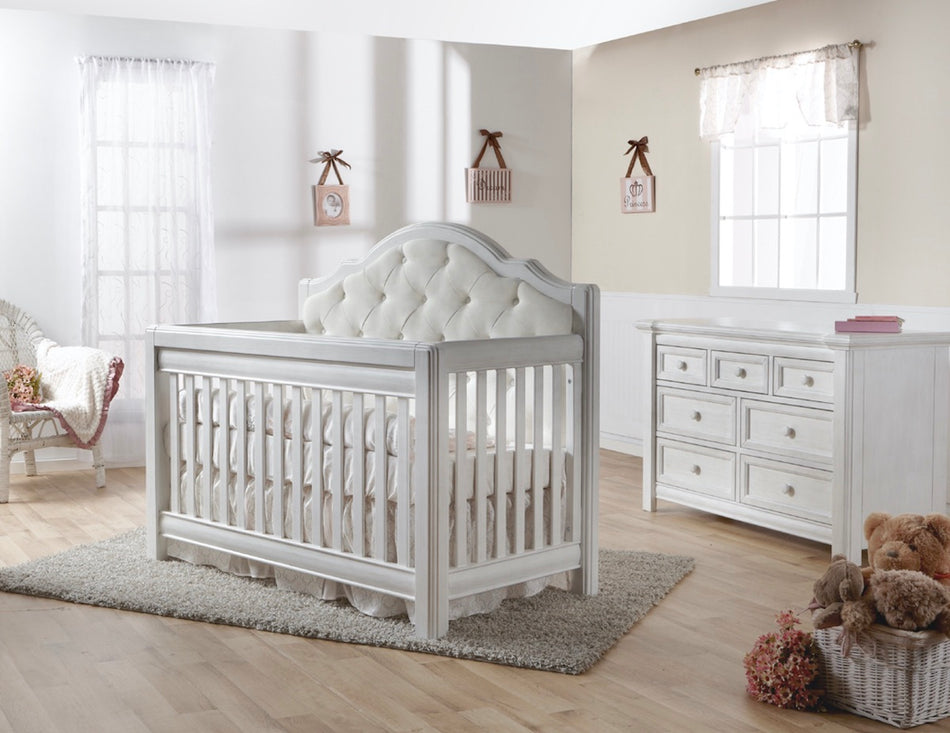 Pali Cristallo Beige Fabric Crib + Double Dresser, Vintage White