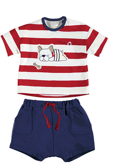 Newborn Boy Red Dog Short Set - Stripe Shirt