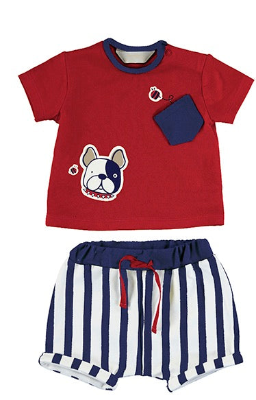 Newborn Boy Red Dog Short Set - Solid Shirt