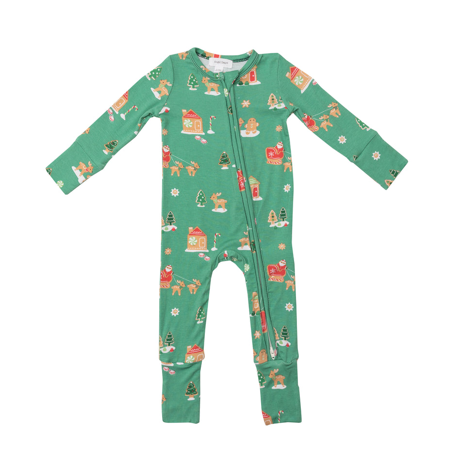 Bamboo Zipper Romper - Gingerbread Sleigh Green