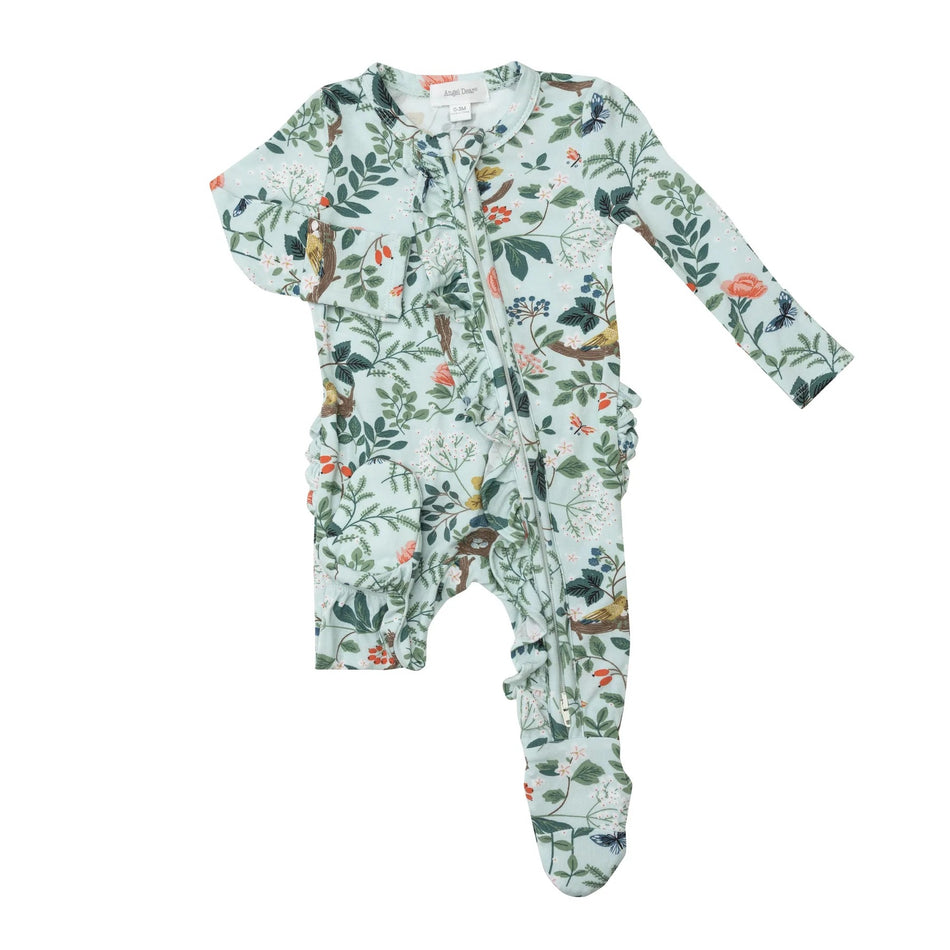 Bamboo Ruffle Back Zipper Footie - Woodland Bird & Nest