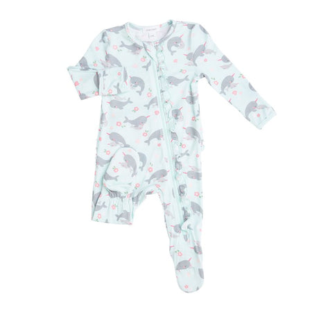 Angel Dear Narwhals Ruffle Zipper Footie - 9-12 Months