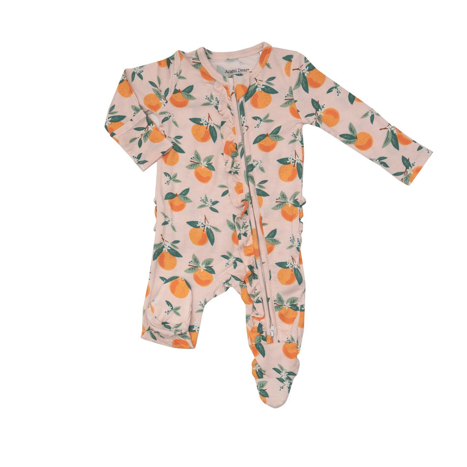 Bamboo Zipper Ruffle Footie - Orange Blossoms