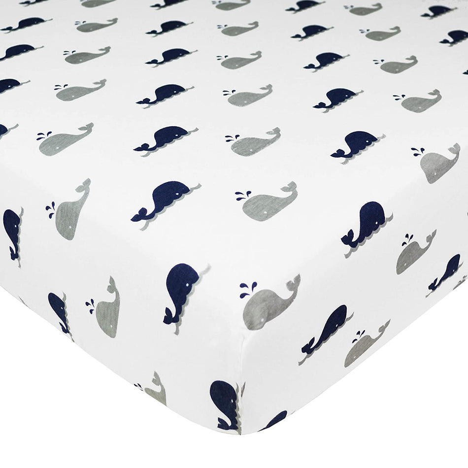Printed Jersey Crib Sheet Navy Grey Whale