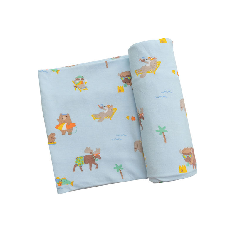 Wildlife On Vacation/ Blue Swaddle Blanket