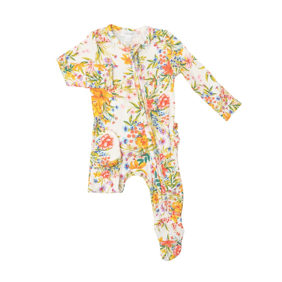 Bamboo Ruffle Back Zipper Footie - Garden Joy