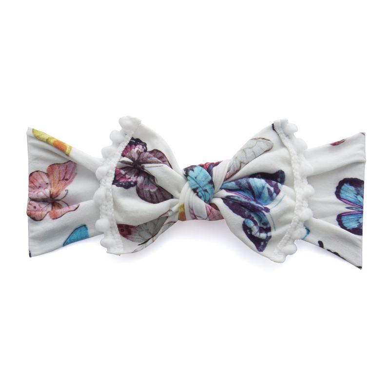 Baby Bling Bows Trimmed Printed Knot Butterfly Chart White Pom