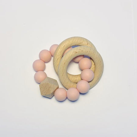 Sugar + Maple Silicone + Beechwood 2 Ring Teether - Blush