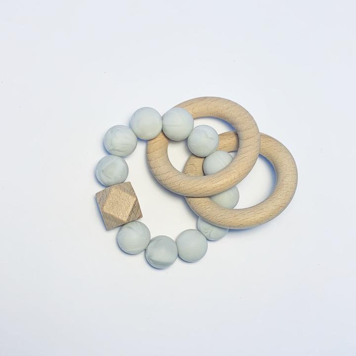 Sugar + Maple Silicone + Beechwood 2 Ring Teether - Grey