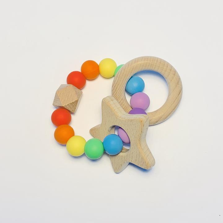 Sugar + Maple Silicone + Beechwood Teether - Rainbow