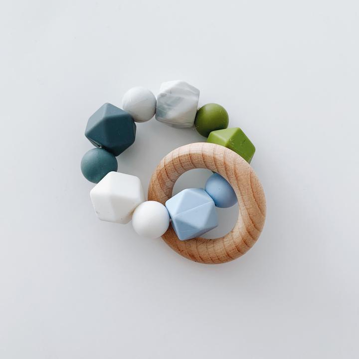 Sugar + Maple Silicone + Beechwood Multi Teether - Blue