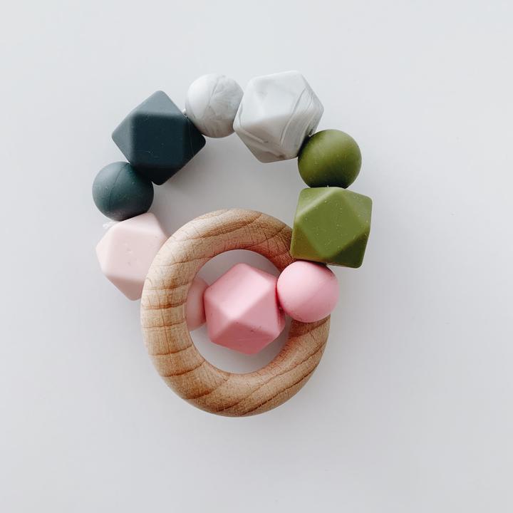 Sugar + Maple Silicone + Beechwood Multi Teether - Pink