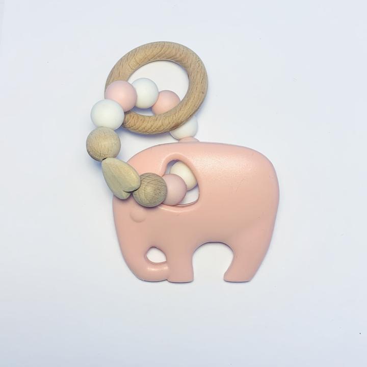 Sugar + Maple Silicone + Beechwood Elephant Teether - Blush