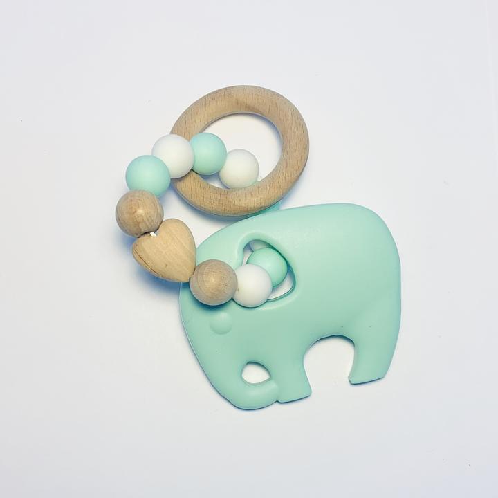 Sugar + Maple Silicone + Beechwood Elephant Teether - Mint